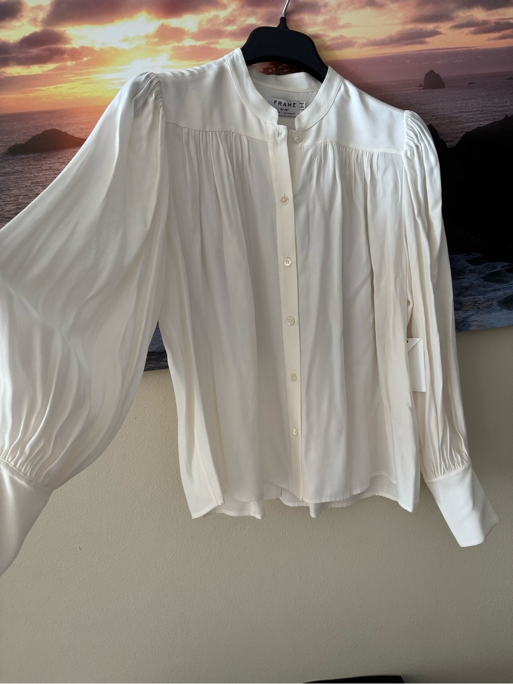 Frame Denim Ivory Pleated Band-Collar Button-Down Chloe Silk Blouse/ S/ NWT - Picture 3 of 14